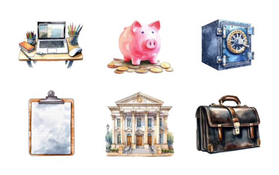 Bank branch marketing icon set for savings account brochures or deposit offer posters, mortgage leaflets and website pages covering account opening, safe storage and cash management