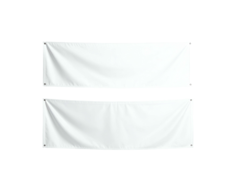Two plain white horizontal banners hanging against a black background