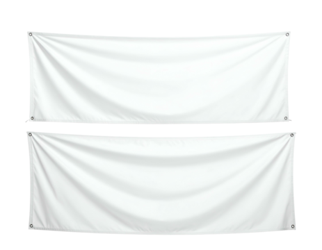Two blank, white rectangular banners, hanging, eyelets at each corner, isolated on black