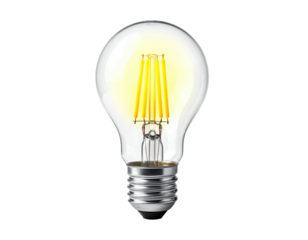 Lit, glass lightbulb against black background, radiating warm, bright yellow, detailed filament