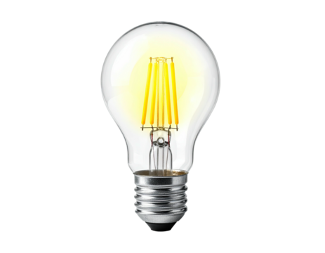 Lit, glass lightbulb against black background, radiating warm, bright yellow, detailed filament