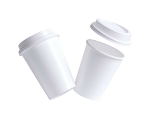 Two white disposable beverage containers; one open, lid detached, floating on black background