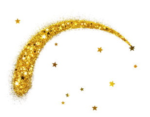 An illustration featuring a golden shooting star and scattered, glimmering smaller stars