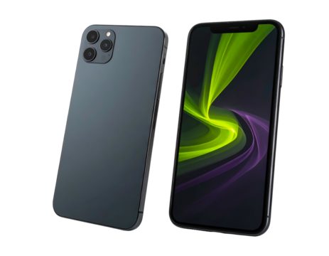 Two mobile phones shown at an angle; one side view, the other displaying a vibrant, green design