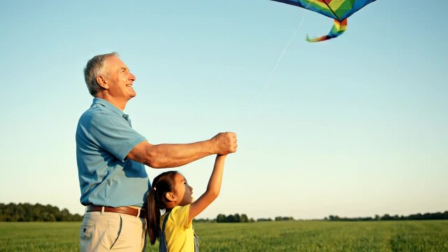 Grandfather and granddaughter fly a colorful kite together in a sunny green field.