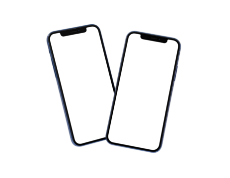 Two sleek smartphones with black screens displayed on a contrasting black background