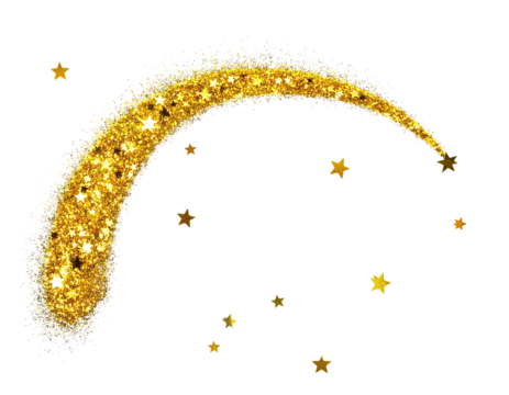 An illustration featuring a golden shooting star and scattered, glimmering smaller stars