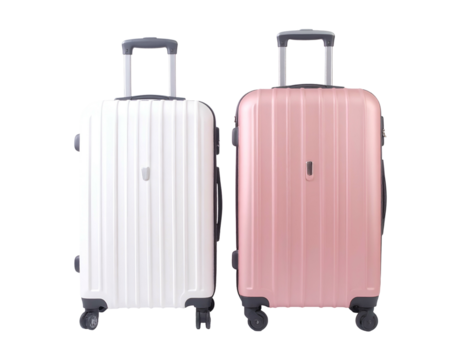 Two upright, hard-shell suitcases, one white, one pink, with telescoping handles and wheels