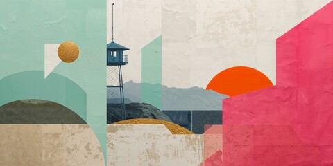 Modern Abstract Collage Art with Geometric Lifeguard Tower, Golden Textured Sphere, and Mountains under a Vibrant Pink Sunset and Blue Sky
