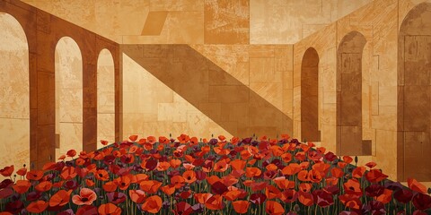 Brilliant Red Poppies Flourish in a Sunlit Courtyard Surrounded by Classical Arched Architecture and Dramatic Diagonal Shadows, Evoking History.