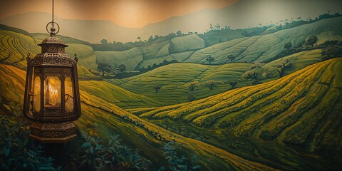 Exquisite Ornate Lantern Hanging in Foreground, Overlooking a Grand, Terraced Tea Plantation Landscape Winding Through Rolling Hills