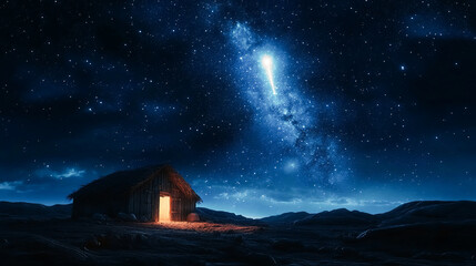 Nativity scene silhouette of a desert stable under a starry sky with a bright comet
