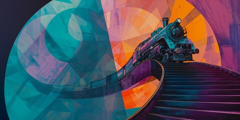 Dynamic digital illustration of a classic steam locomotive ascending a vibrant, abstract geometric pathway with overlapping arcs and radiant gradients.