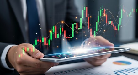 Businessman analyzing stock market trends on a smartphone with a holographic financial chart overlay