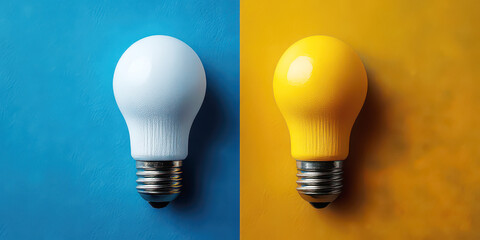 White and Yellow Light Bulbs on Contrasting Blue and Yellow Background