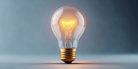 Brightly Glowing Filament Light Bulb with Golden Base on Grey Background