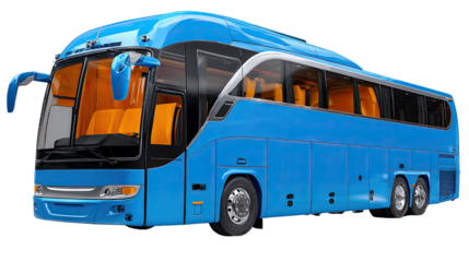 Modern coach transport: A contemporary blue coach, designed for comfort and efficiency, stands ready for travel. Ideal for conveying passengers across various terrains.