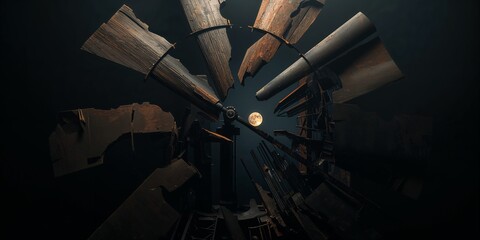 Dramatic low-angle view of a full moon shining through the weathered, decaying blades of an abandoned rustic windmill at night, creating a mysterious atmosphere.