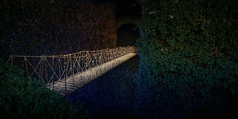 Magical Illuminated Rope Bridge Twisting Through Dark, Dense Ivy Foliage at Night, Evoking Mystery and Enchantment