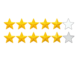 Bright, gold stars indicate positive rating, with two missing. Black background