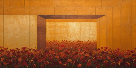 Expansive Field of Radiant Red Poppies Leading Through a Grand Geometric Archway in a Warm Ochre Modern Building, Evoking Depth and Serenity.