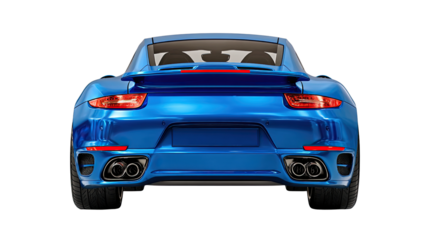 Blue sport car at rear view: a shiny, luxurious, blue sports car, showcased from its rear, embodies automotive excellence and high-performance. the car, from a rear perspective.
