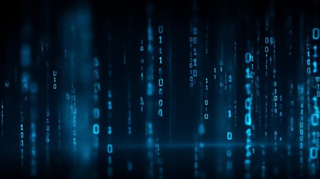Abstract technology background with glowing blue binary code data streaming. Digital matrix, cyber security, network concept.
