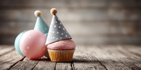 Single Pink Frosted Cupcake with Party Hats on Rustic Wood Table