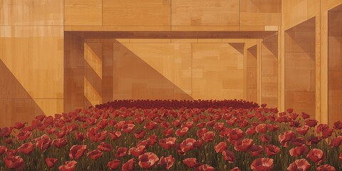 Vibrant Red Poppies Bloom Amidst Geometric Ochre Architecture, Bathed in Golden Light and Sharp Angular Shadows, Creating a Modern Landscape.