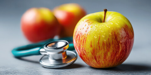 Fresh Wet Apple and Stethoscope Representing "An Apple a Day"