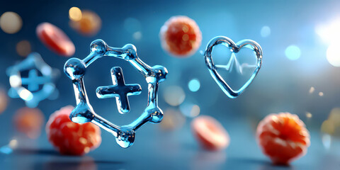 Abstract Health and Immunity Icons Floating on a Blue Background