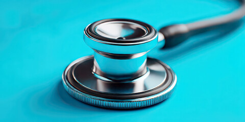 Close-up of a Chrome Stethoscope Diaphragm on a Bright Blue Surface