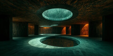 Futuristic brutalist interior featuring multiple large circular ceiling openings emitting turquoise light and reflective pools on the floor, with warm wall glows.