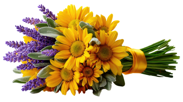Radiant Bouquet: A vibrant bouquet of sunflowers and lavender, bound together with a yellow ribbon, exuding warmth and charm.