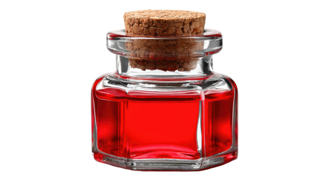Vibrant Elixir: A small glass bottle with a cork stopper, filled with a radiant red liquid, creating an aesthetic visual impact.