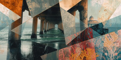Dynamic Geometric Collage of Pier Understructure and Distant Coastal Building Interspersed with Vivid Abstract Marine Life