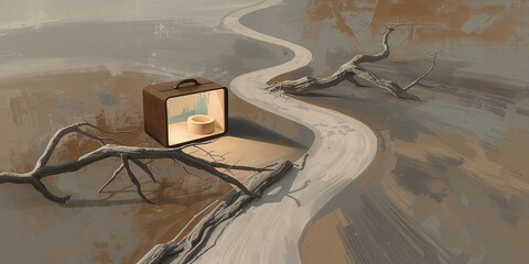 Mysterious illuminated box with a glowing pot sits on a winding path amidst dry driftwood in a vast, desolate desert landscape.