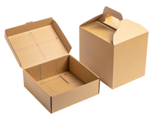 Cardboard packaging an open box next to a closed box with a handle, on a black background