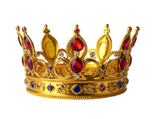 A detailed, golden royal crown adorned with sparkling jewels, isolated on a black background
