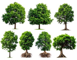 Assortment of diverse trees with green foliage and visible roots, isolated on black background