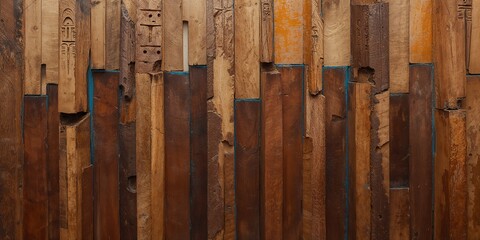 Unique Wood Plank Wall Texture with Rough Edges, Carved Details, and Striking Blue Gaps, Creating a Modern Rustic Backdrop