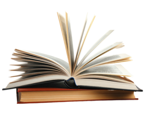 Stacked books, one open showing the pages, the background is black