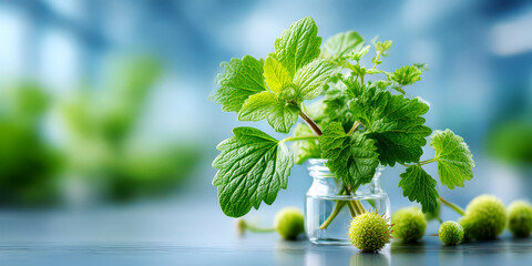Fresh Green Mint Herb in a Small Glass Jar for Natural Remedies
