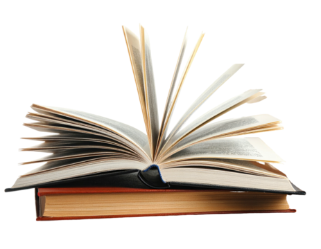 Stacked books, one open showing the pages, the background is black