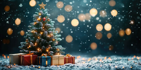 Decorated christmas tree with red and gold ornaments, wrapped presents underneath and falling snow against a blurred background with bokeh effect, creating a magical christmas atmosphere. Copy space