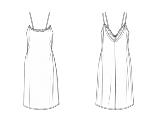 Fashion illustration showing front and back views of a sleeveless, midi slip dress with thin straps
