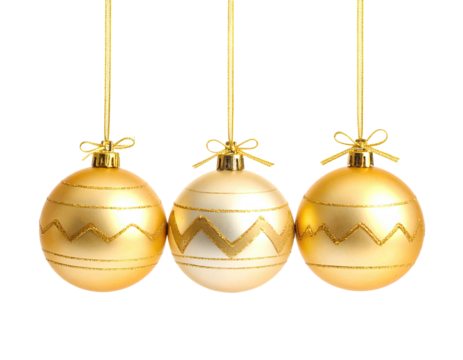 Three golden ornaments hanging, adorned with bows and glitter, against a black backdrop
