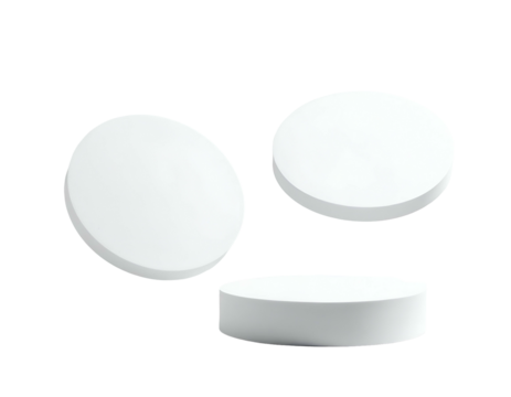 Three white, minimalist, circular platforms floating on a black background, rendered in 3D
