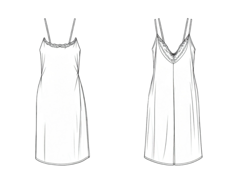 Fashion illustration showing front and back views of a sleeveless, midi slip dress with thin straps