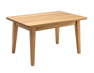 A light-colored wooden table with a rectangular top and tapered legs, angled towards the ground